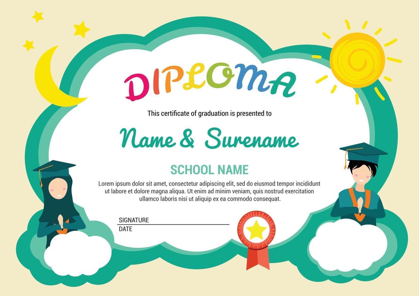 Preschool kids diploma certificate background template with sun moon cloud kids teen muslim hijab vector