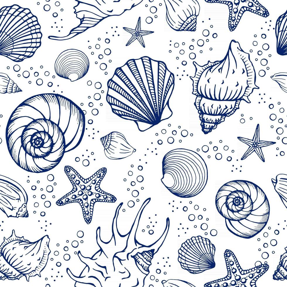 Seamless pattern with seashells and starfishes Marine background Hand drawn vector illustration in sketch style Perfect for greetings invitations coloring books textile wedding and web design