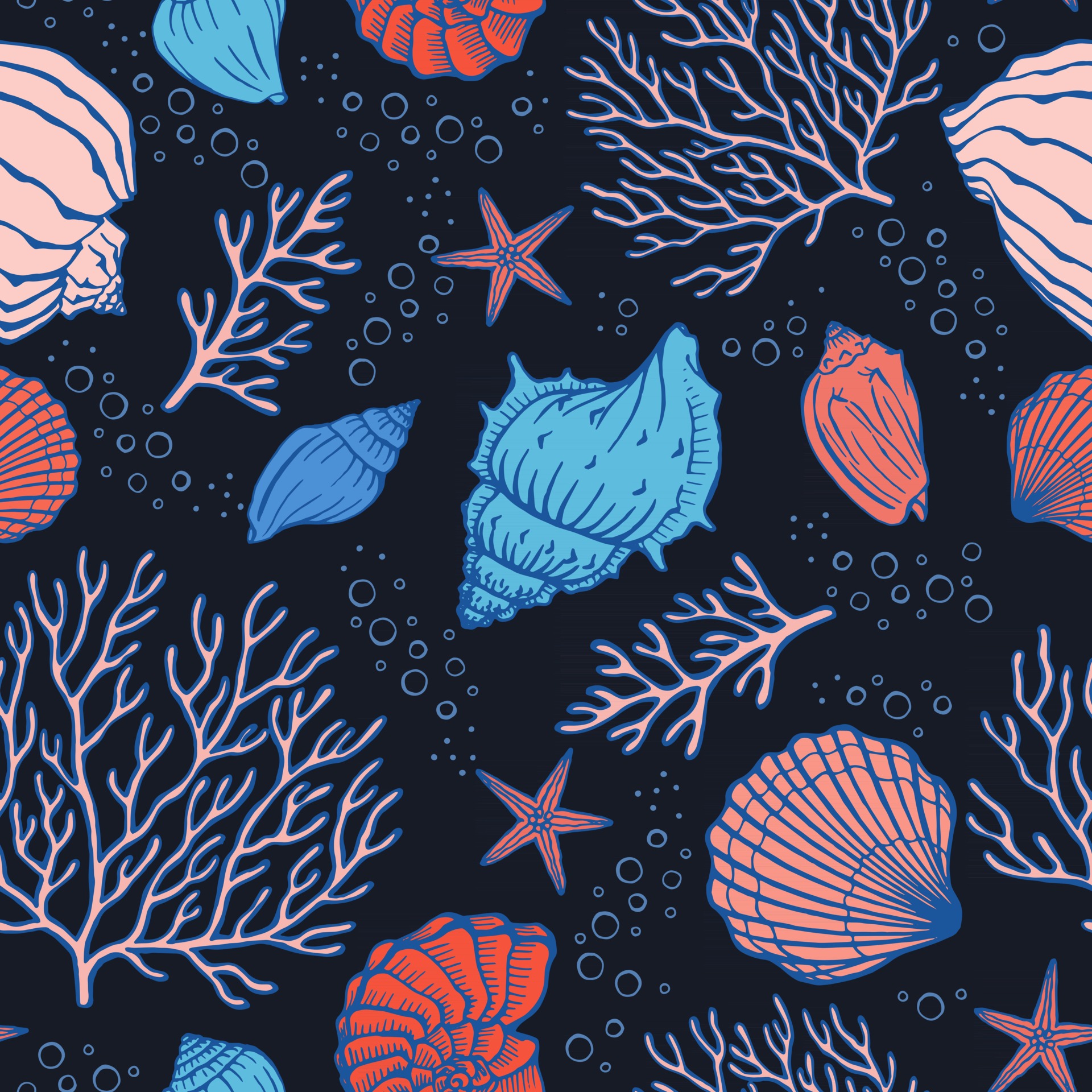 Seamless pattern with seashells corals and starfishes Marine background ...