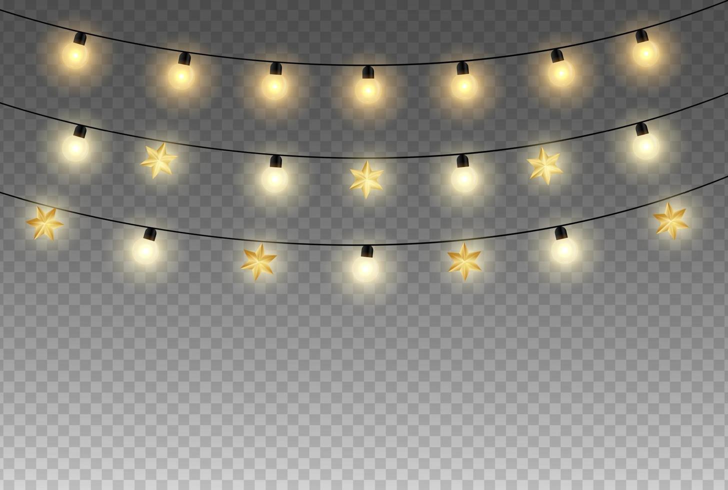 luces de navidad o celebración aisladas sobre fondo transparente conjunto de guirnalda brillante de navidad dorada lámpara de neón led vector colgante