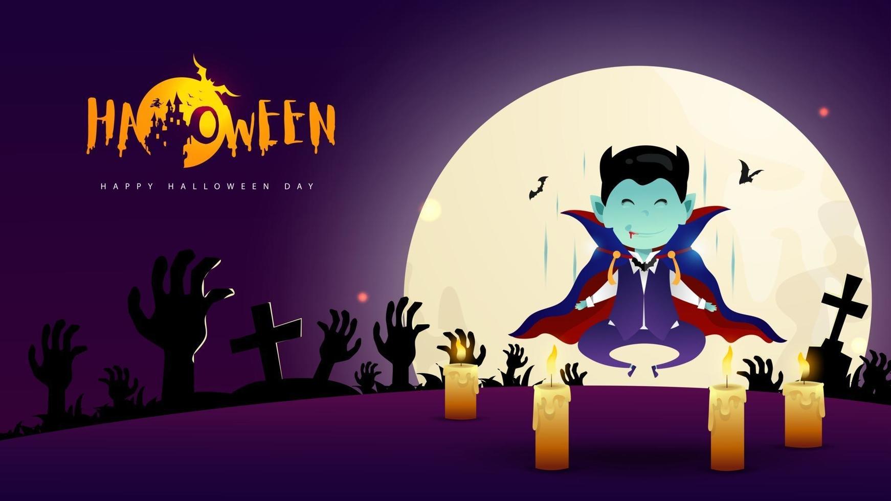 feliz día de halloween con drácula vampiro diseño de personajes y luna llena en vector de fondo nocturno