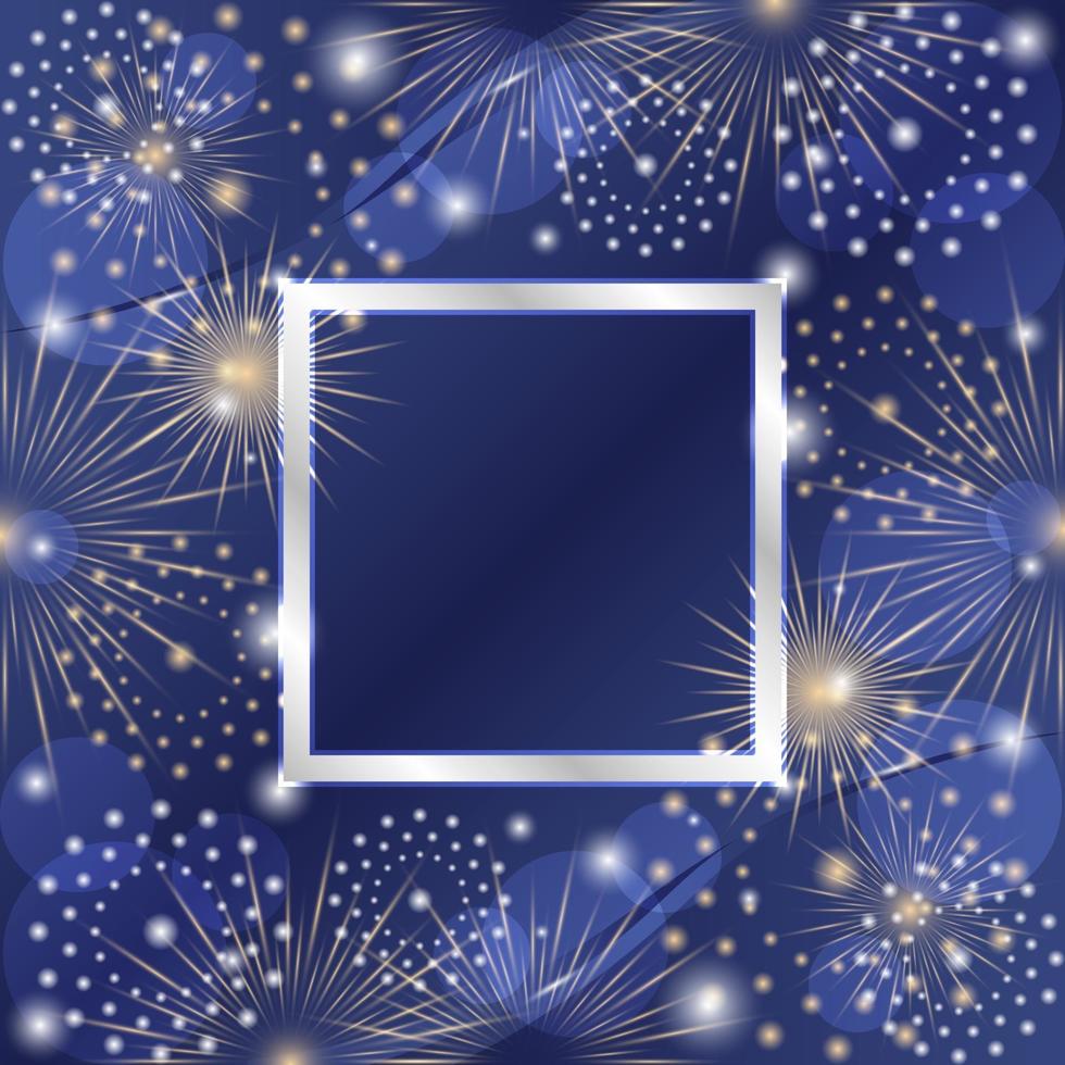 fondo de fuegos artificiales con marco plateado vector