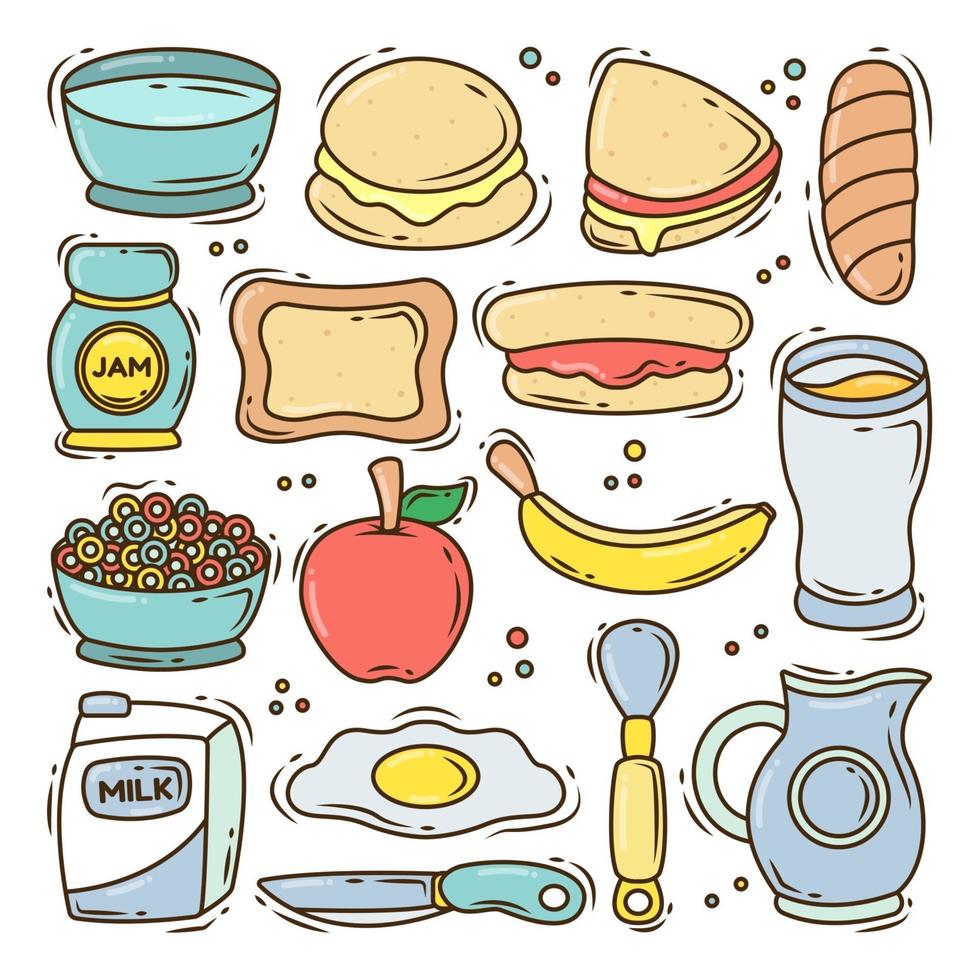 conjunto de colección de doodle de dibujos animados de desayuno dibujado a mano vector