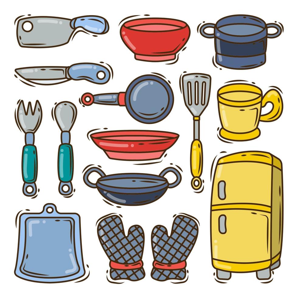 Collection of hand drawn kitchen equipment cartoon doodle style vector