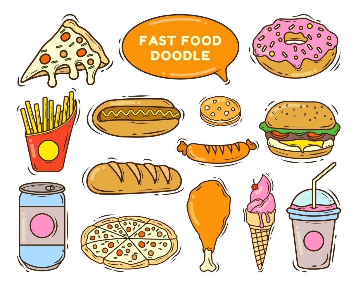 conjunto de doodle de dibujos animados de comida rápida dibujados a mano vector