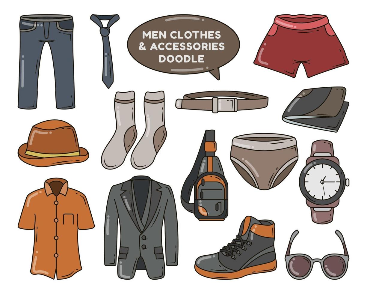 conjunto de ropa y accesorios de hombres dibujados a mano diseño de doodle de dibujos animados vector