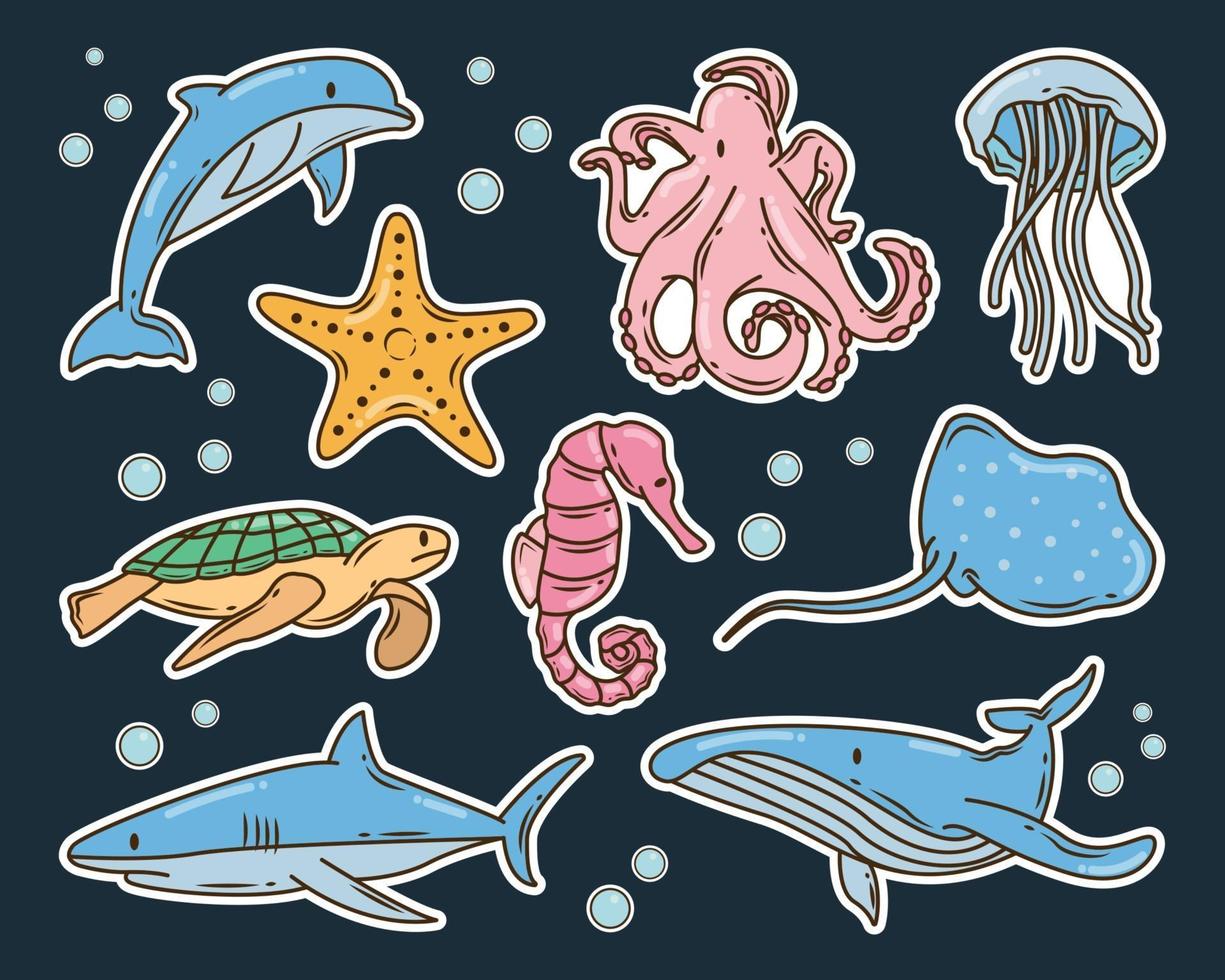 Set of hand drawn sea animal cartoon doodle bundle sticker vector