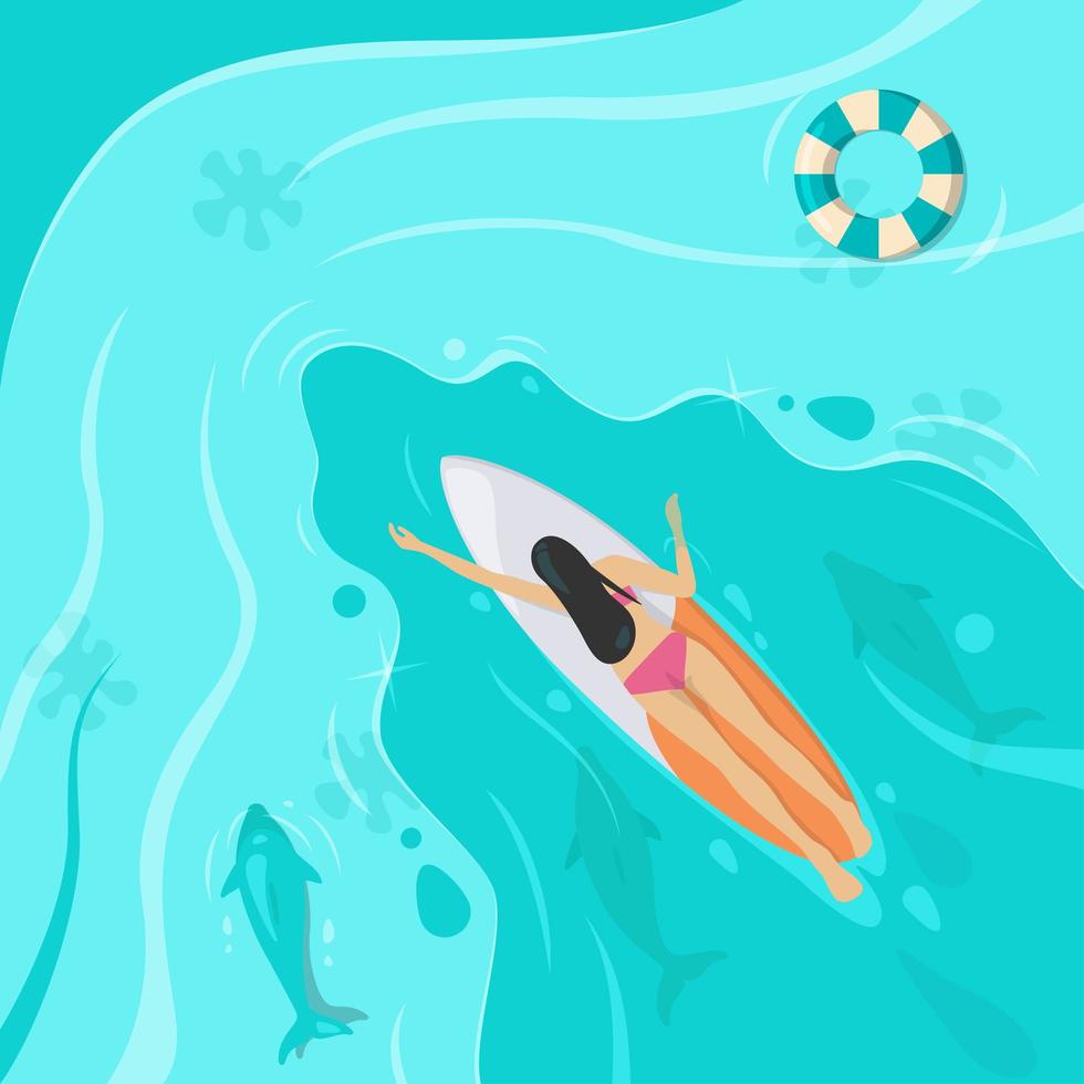 Woman Swims on Surf Board from Top View vector