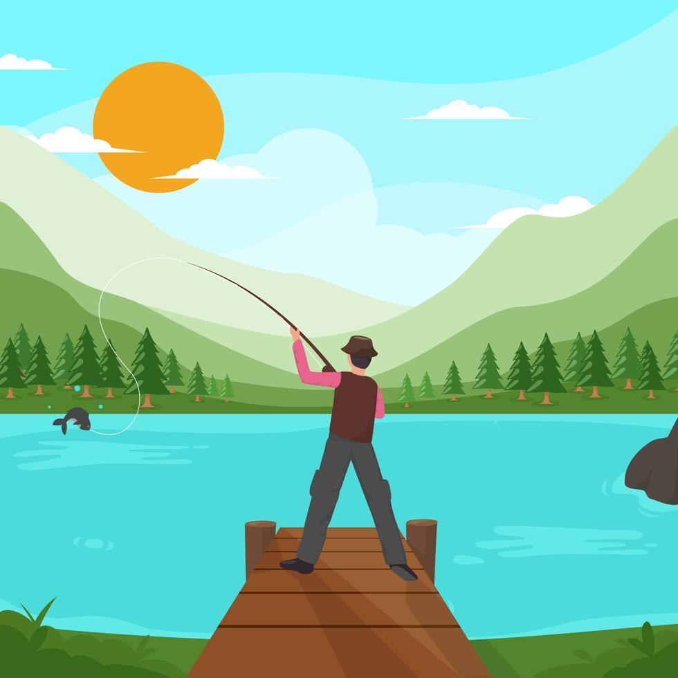 Man Fishing on the Boat vector