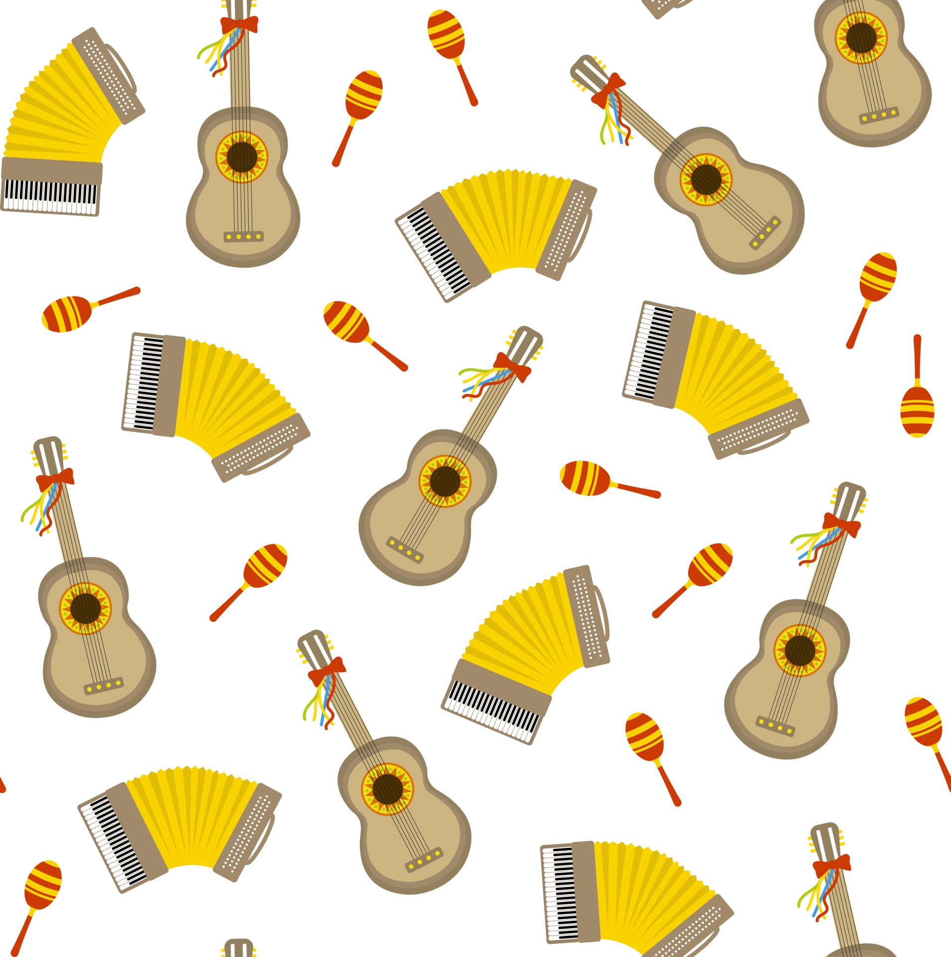 Seamless vector pattern with accordion guitar and maraca on white