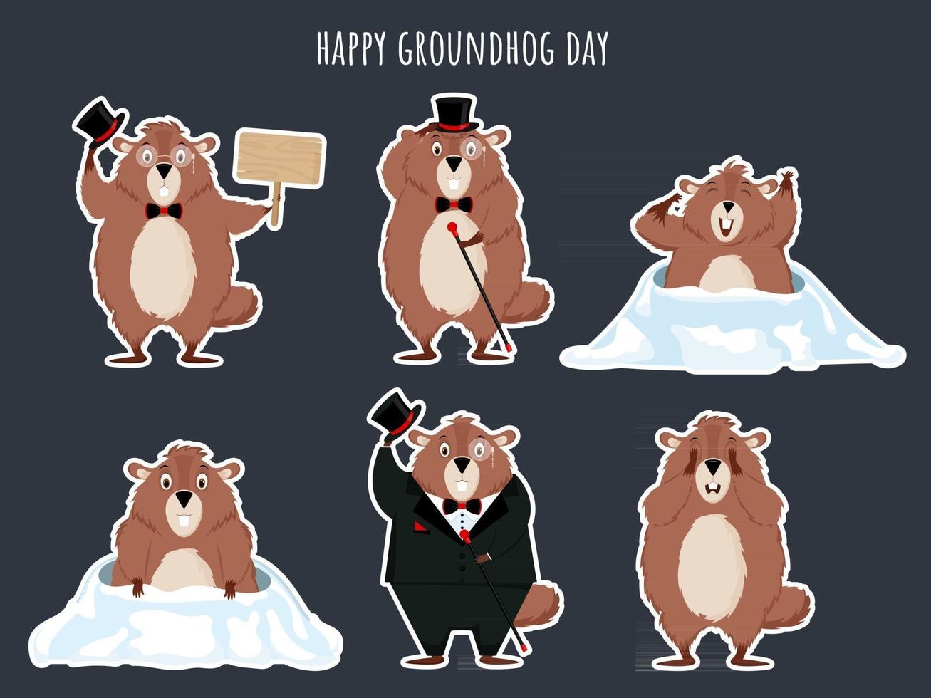 un conjunto de divertidos dibujos animados de marmotas ilustración vectorial de las vacaciones del día de la marmota vector