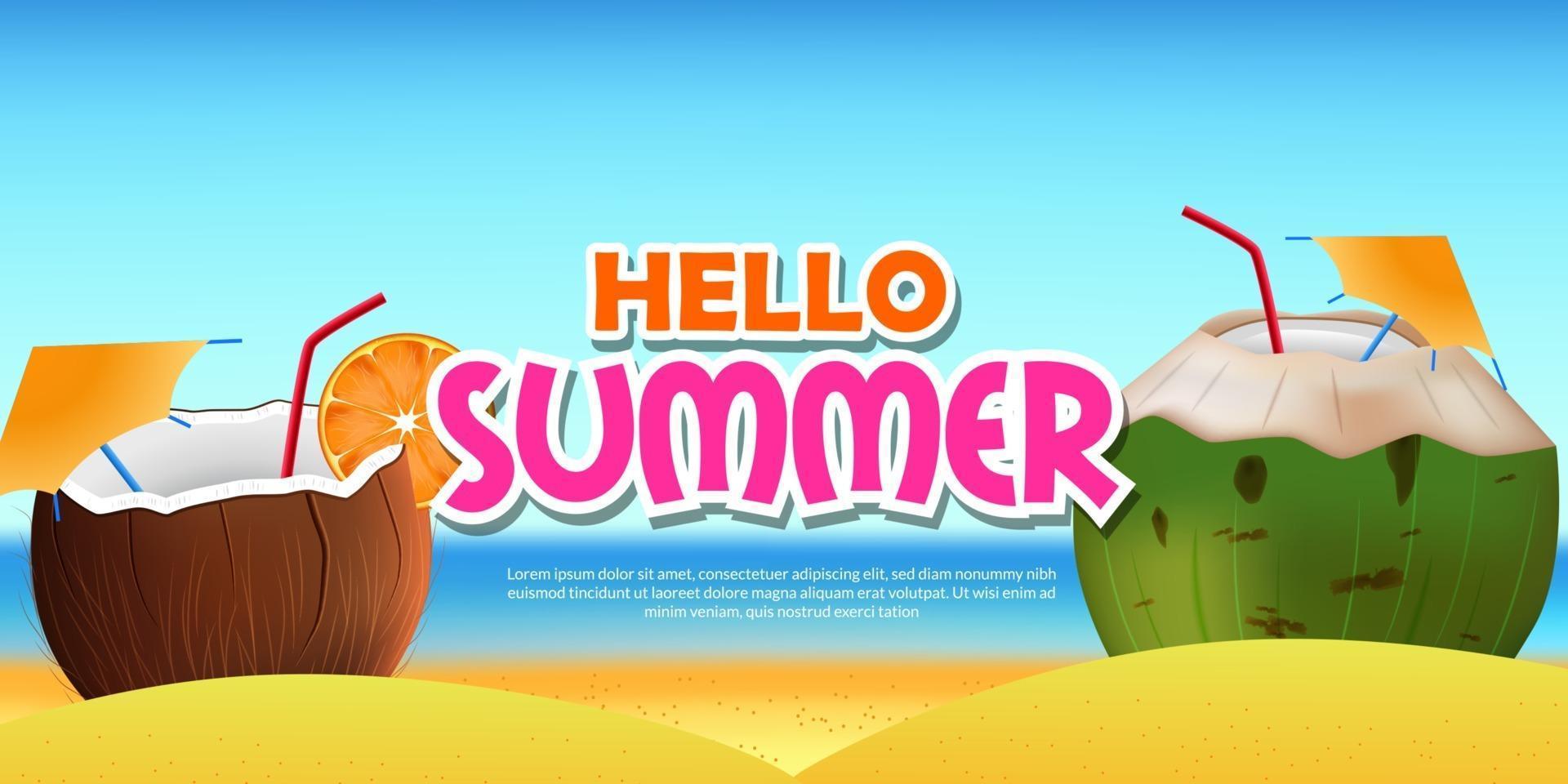 Hello summer banner poster with illustration of tropical beach with 3d realistic coconut drinks vector