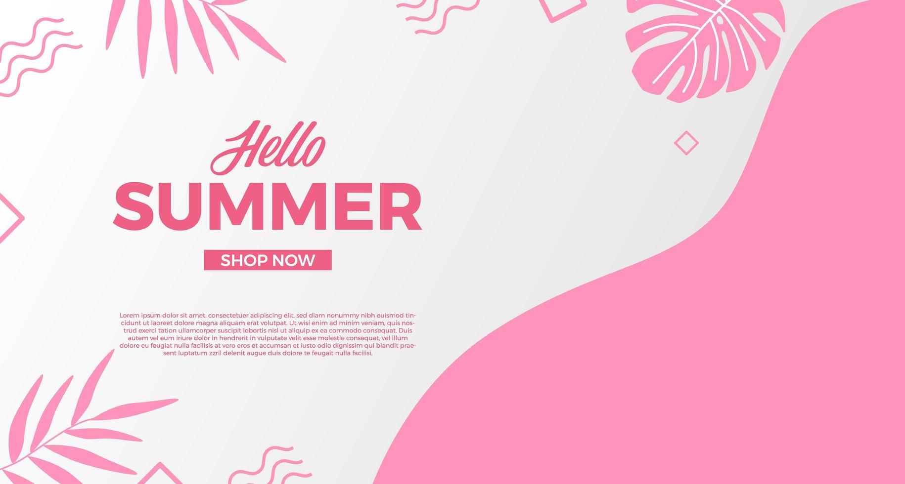 Basic RGBHello summer sale offer banner promotion with wave curve shape with memphis abstract style and leaves illustration vector