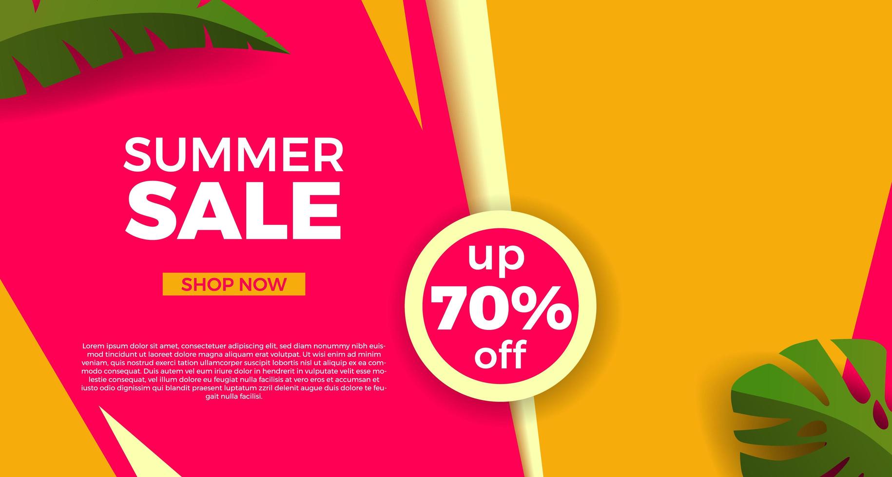 Hello summer sale offer banner promotion with abstract angles and leaves illustration vector