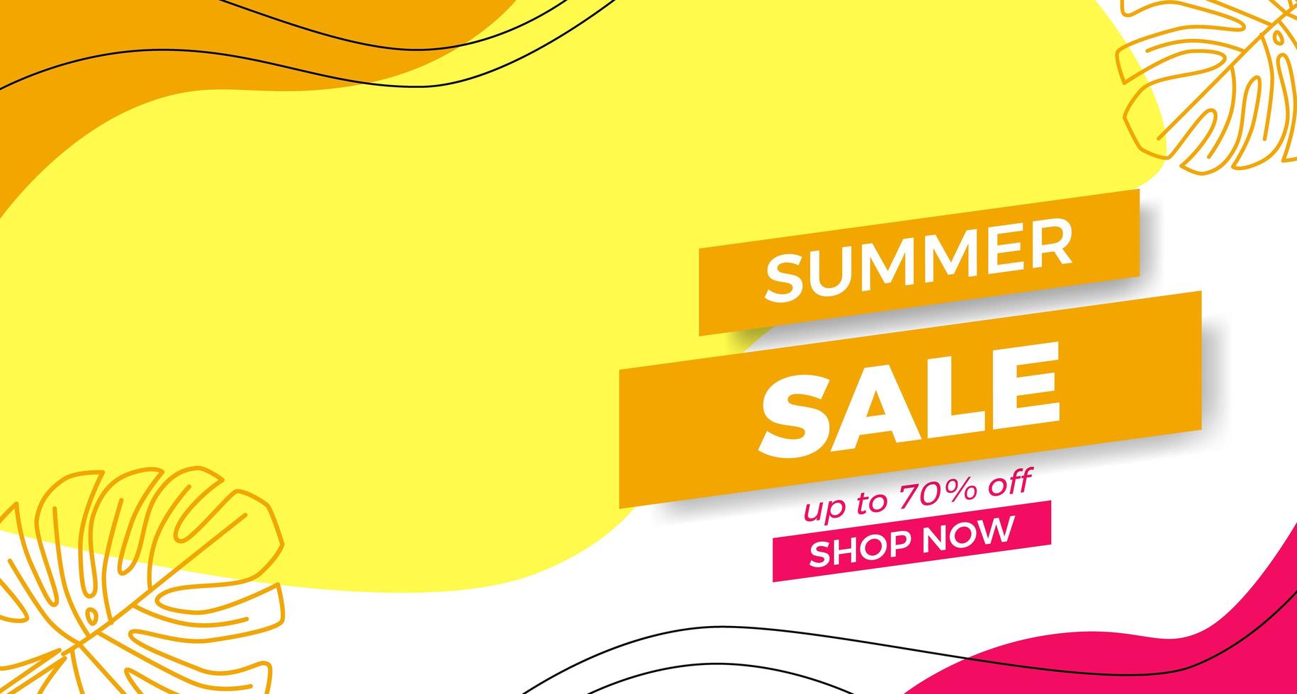 Hello summer sale offer banner promotion with wave curve shapes with memphis abstract style and leaves illustration vector