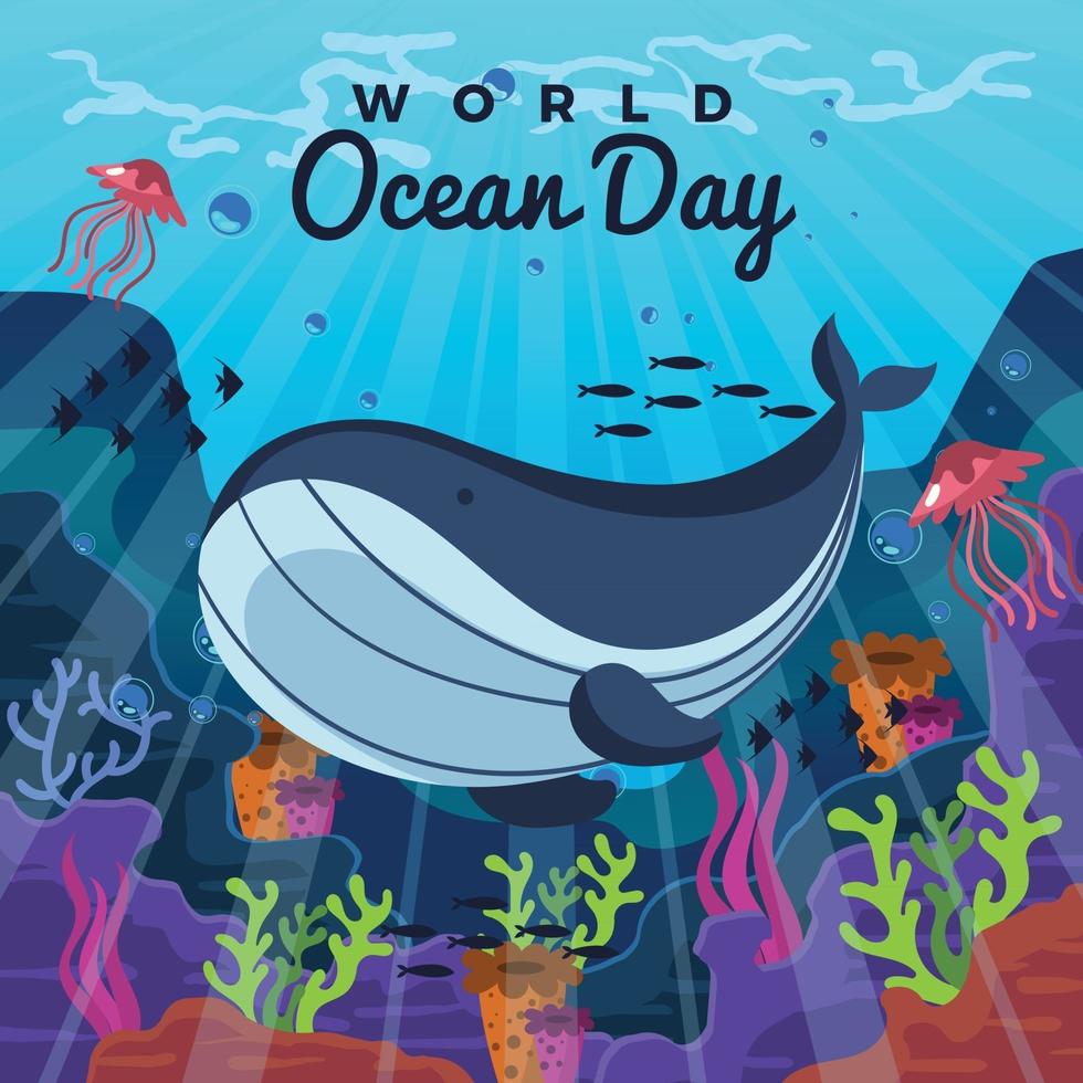 Big Whale And Jellyfish Swimming Near Coral Reefs vector