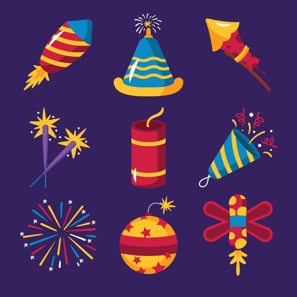 Various Kinds of Fireworks Set For Festivals vector