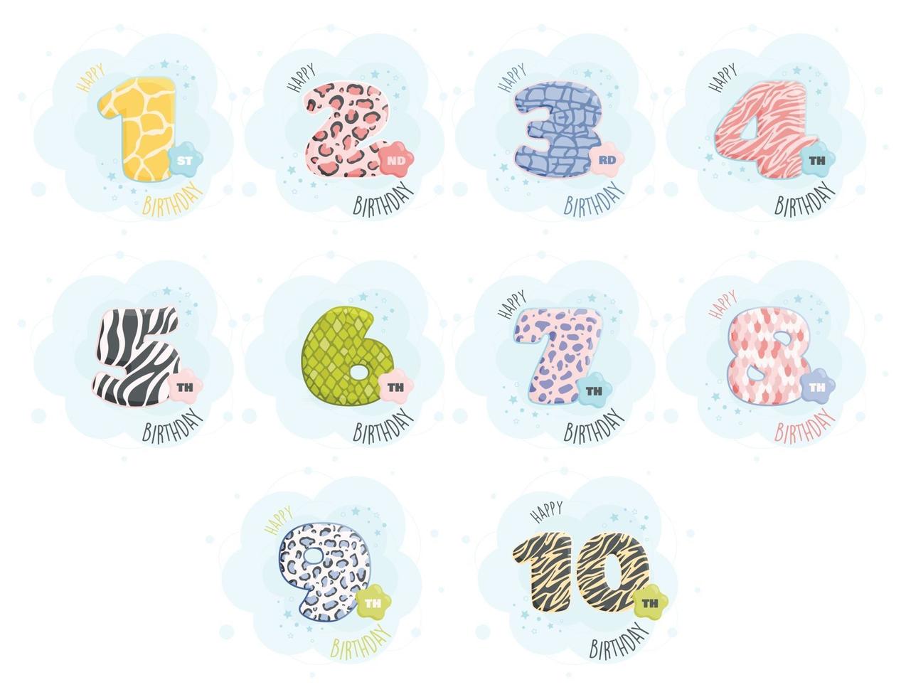 Happy birthday greeting card set with cute animal skin pattern design vector