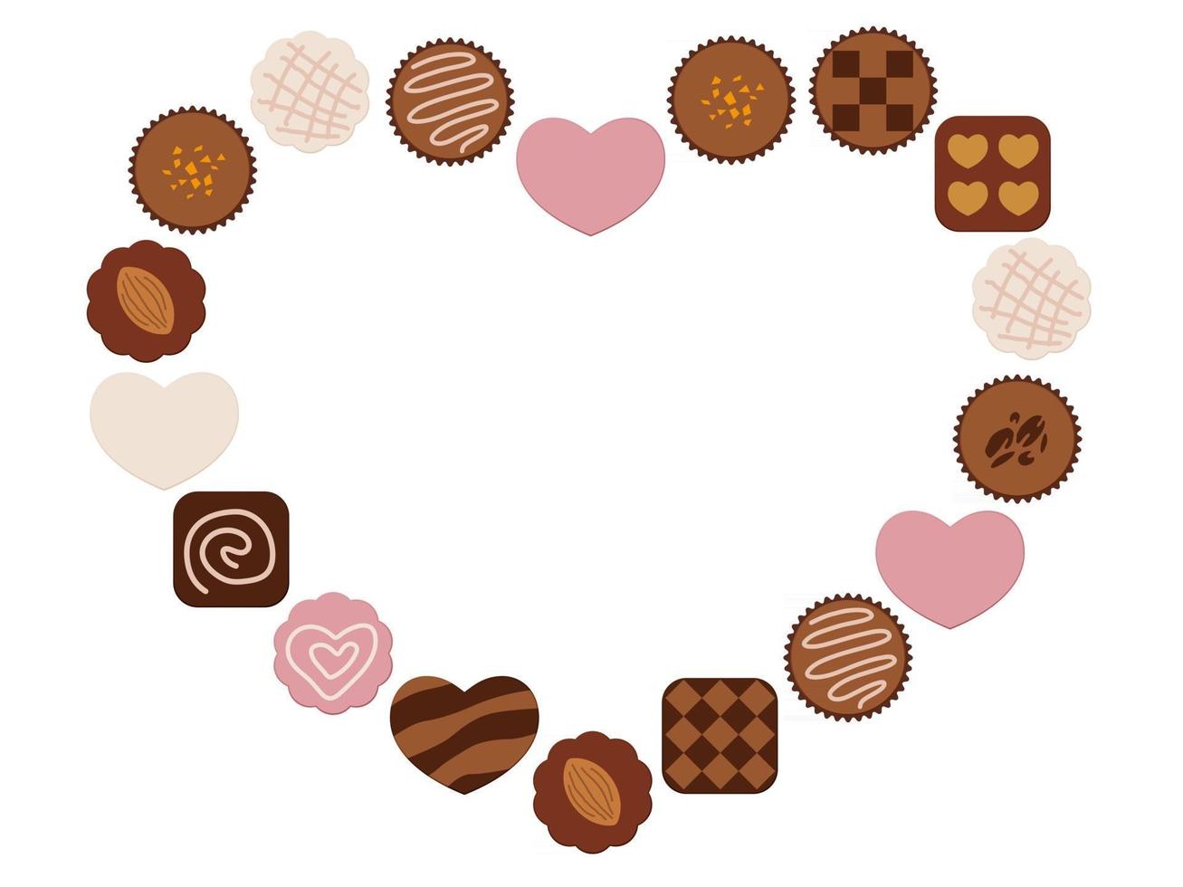 Variety Of Chocolates Arranged As A Valentines Day Heart Shape Frame Isolated On A White Background vector