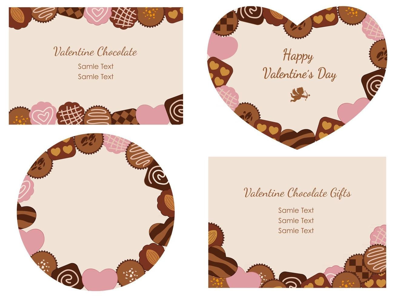 conjunto de tarjetas vectoriales del día de San Valentín con varios chocolates dispuestos como marcos vector