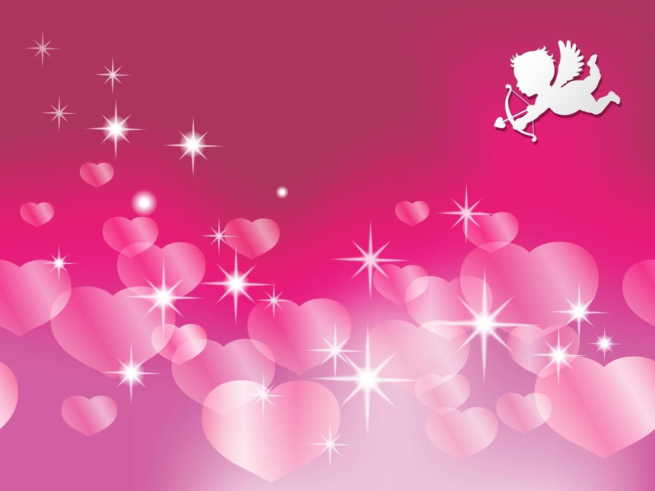 perfecta ilustración de fondo de vector de día de San Valentín con un cupido blanco apuntando a formas de corazón de color perla rosada