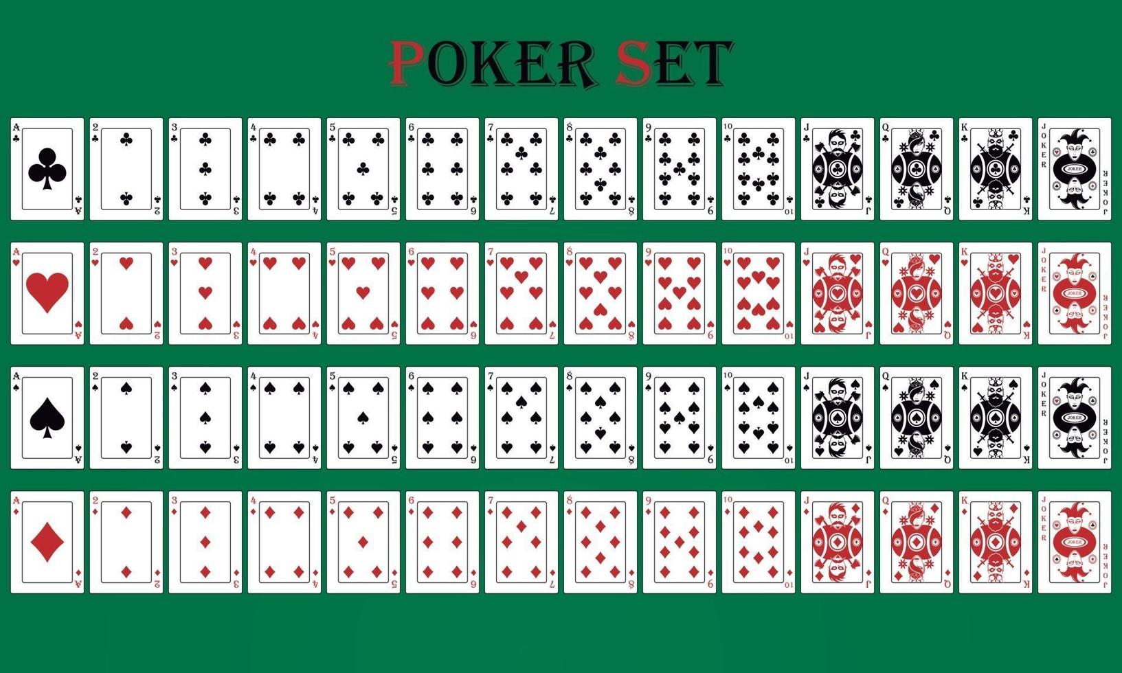 Poker set with isolated cards on green background vector