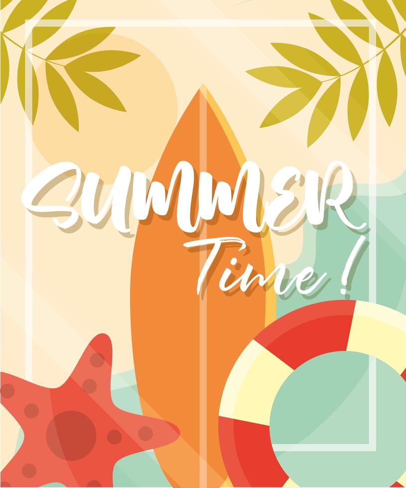 hello summer banner lifebuoy surfboard starfish leaves season vacations travel concept vector