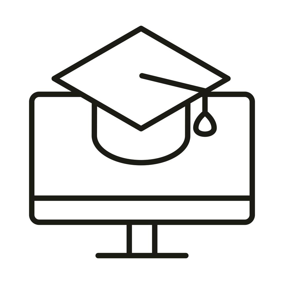 sombrero de graduación y computadora educación y desarrollo en línea icono de estilo de línea de elearning vector