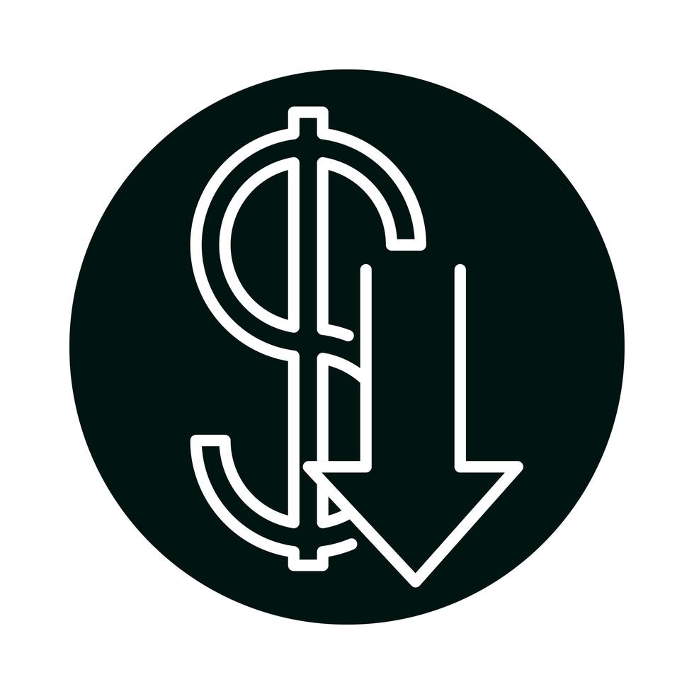 dollar with down arrow block and line style icon vector design