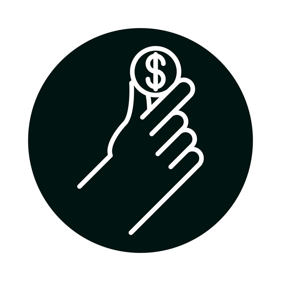 mano que sostiene el bloque de monedas y el diseño del vector del icono del estilo de línea