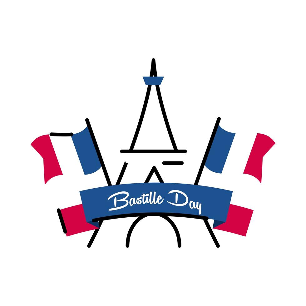 Torre Eiffel del día de la bastilla con línea de banderas y diseño de vector de icono de estilo de relleno