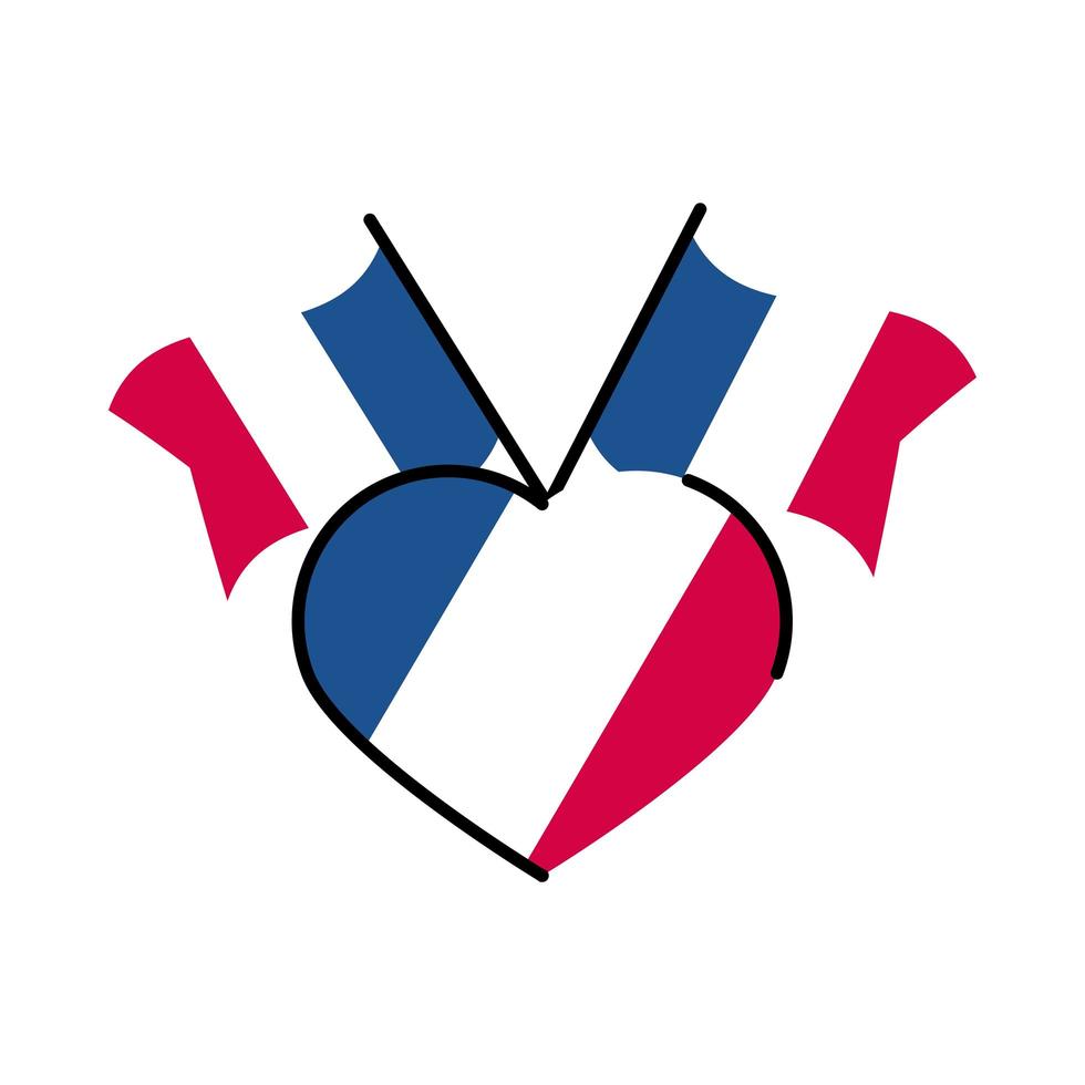 Francia banderas y línea de corazón y diseño de vector de icono de estilo de relleno