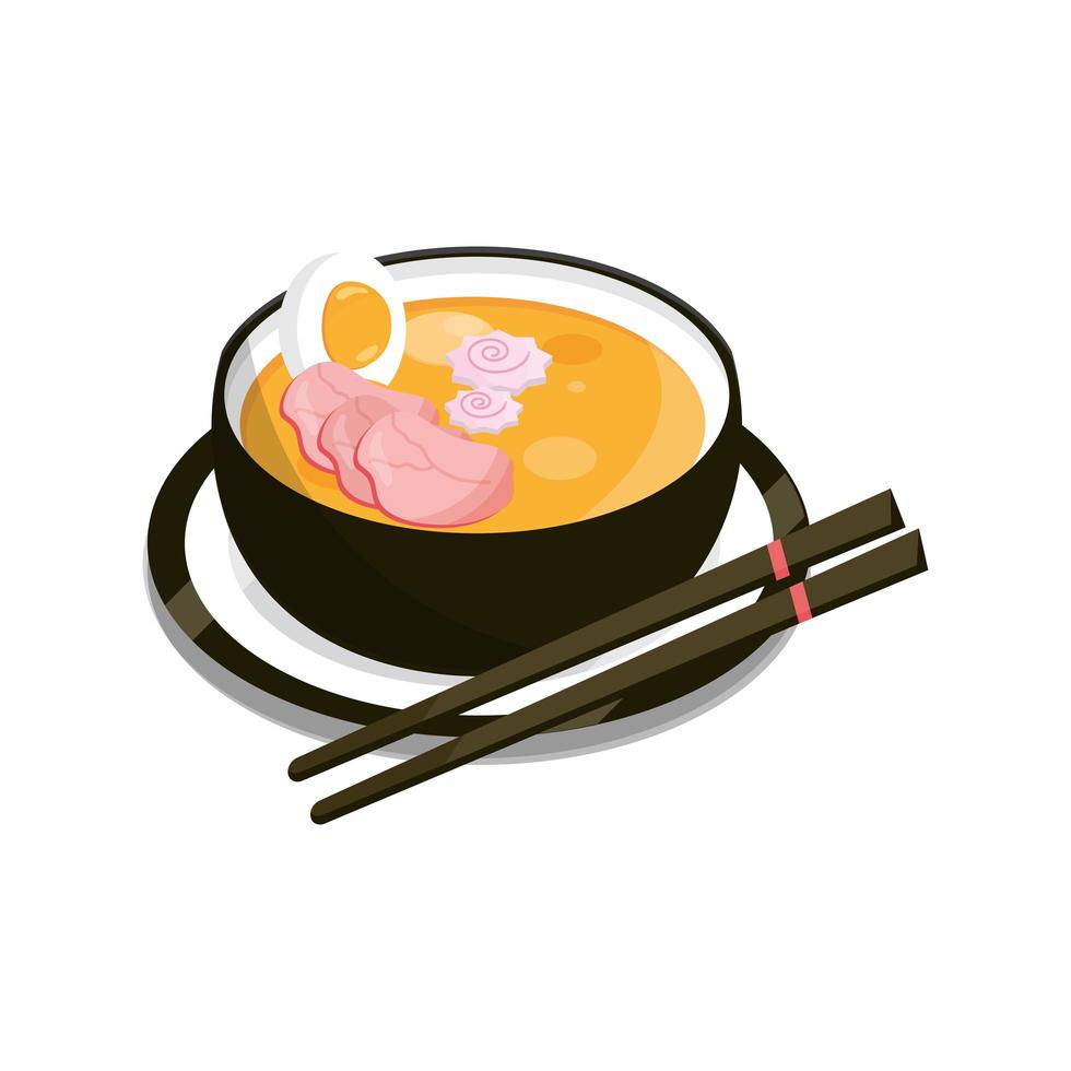 sopa de ramen japonesa con palillos y plato icono de estilo plano de comida vector