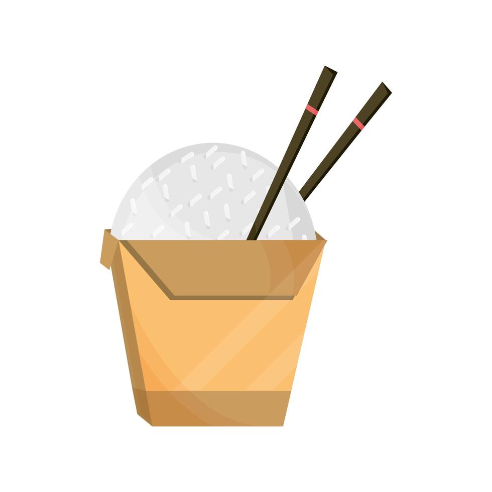 arroz japonés en caja con icono de estilo plano de comida de palillos vector