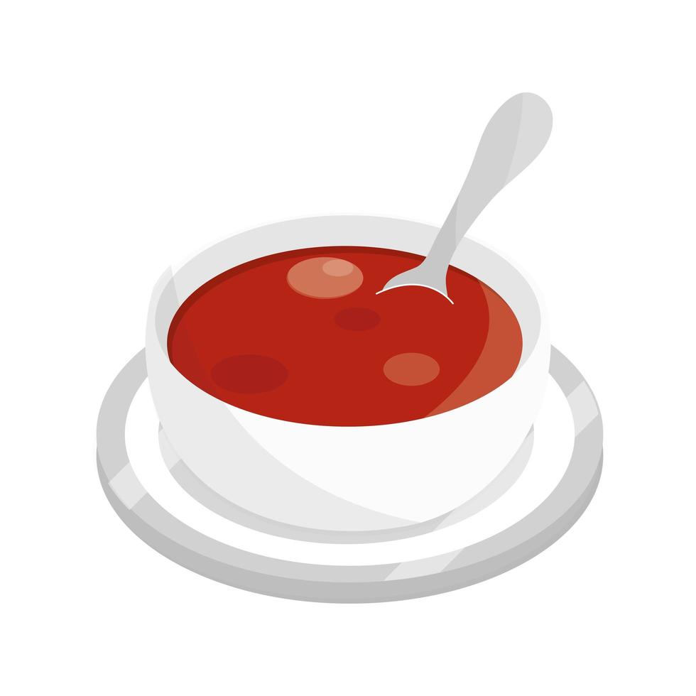 sopa de tomate con cuchara en el plato icono de estilo plano de comida vector