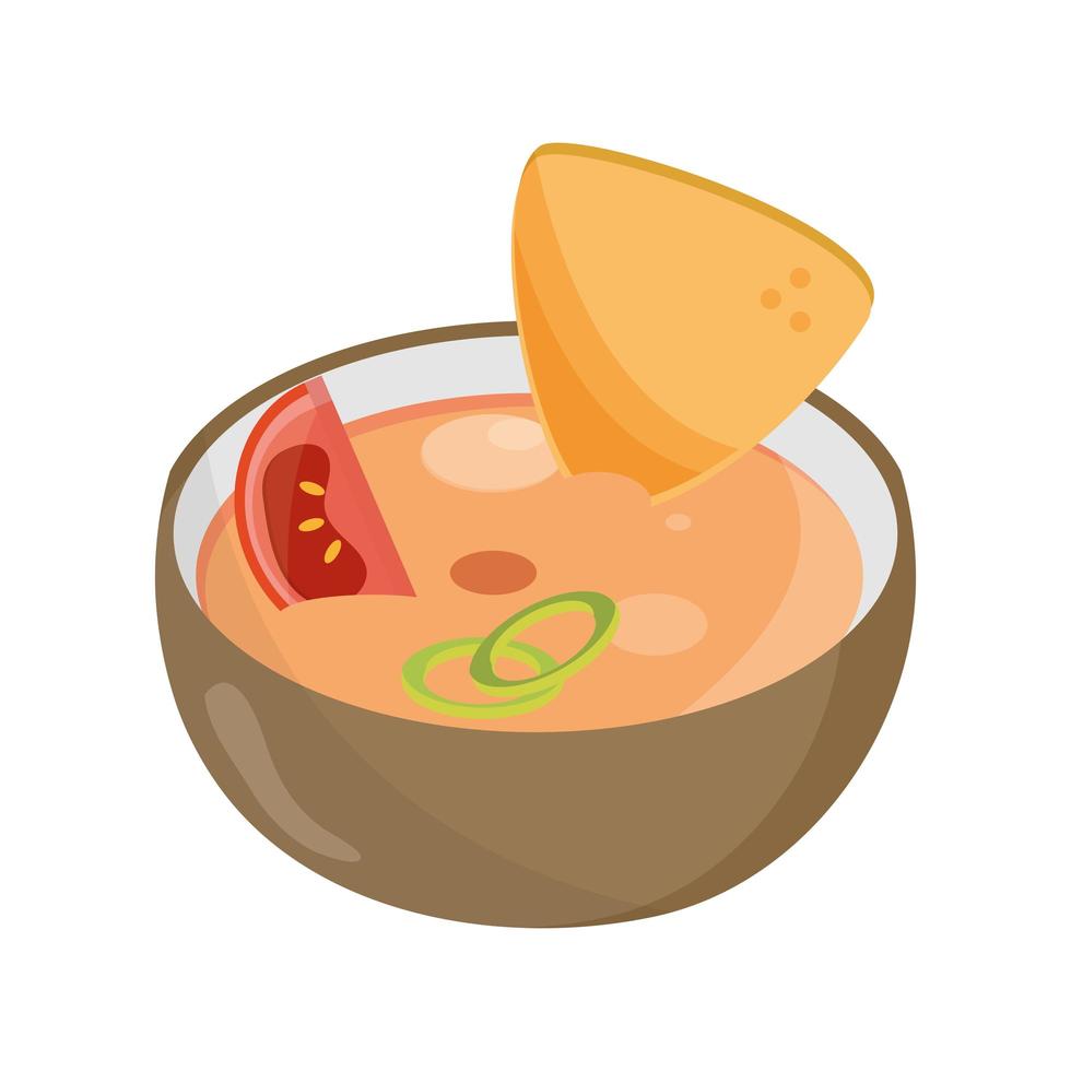 tazón con sopa nacho tomate y cebolla comida icono de estilo plano vector