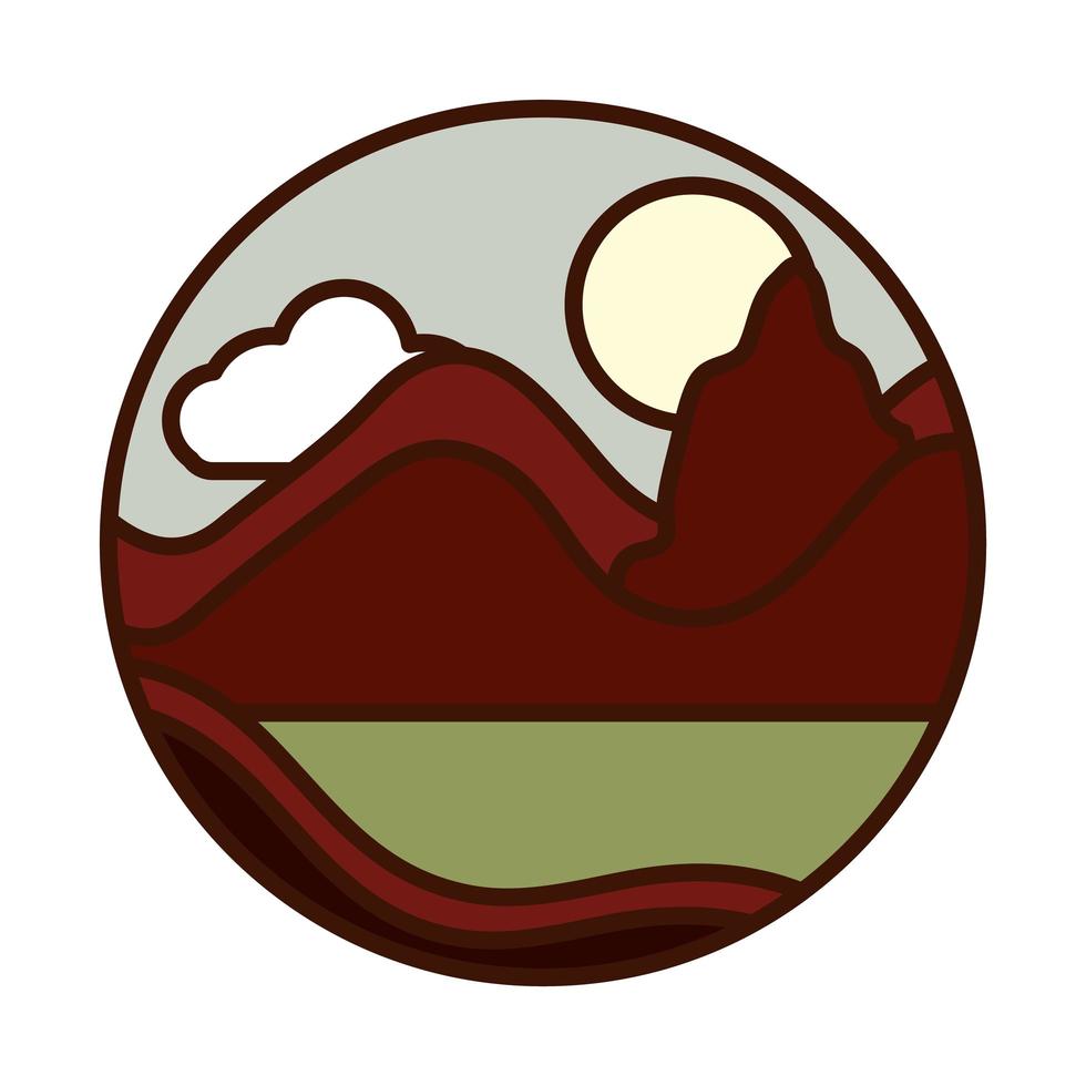landscape nature mountains field sun line and fill icon vector