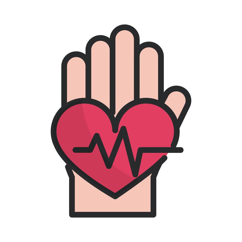 mano, latido del corazón, equipo de atención médica, línea médica, y, llenar, icono vector