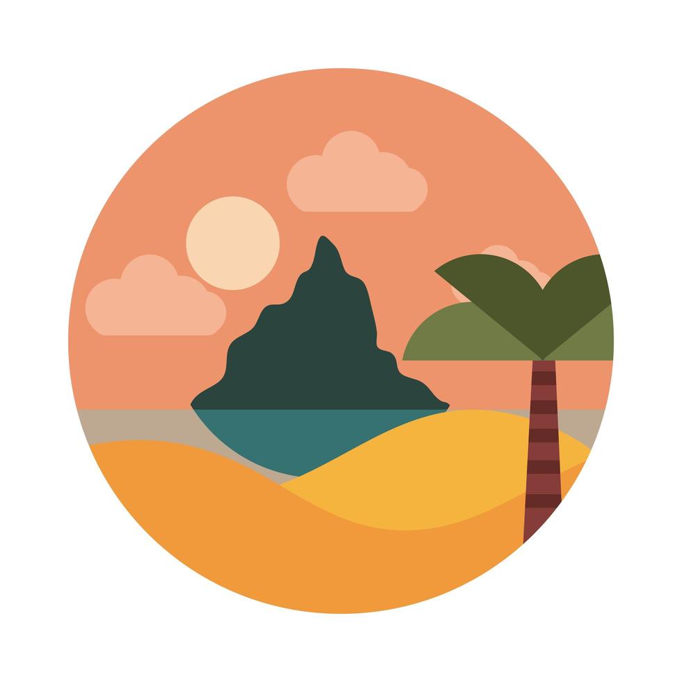 paisaje naturaleza tropical mar palma puesta de sol montaña estilo plano icono vector