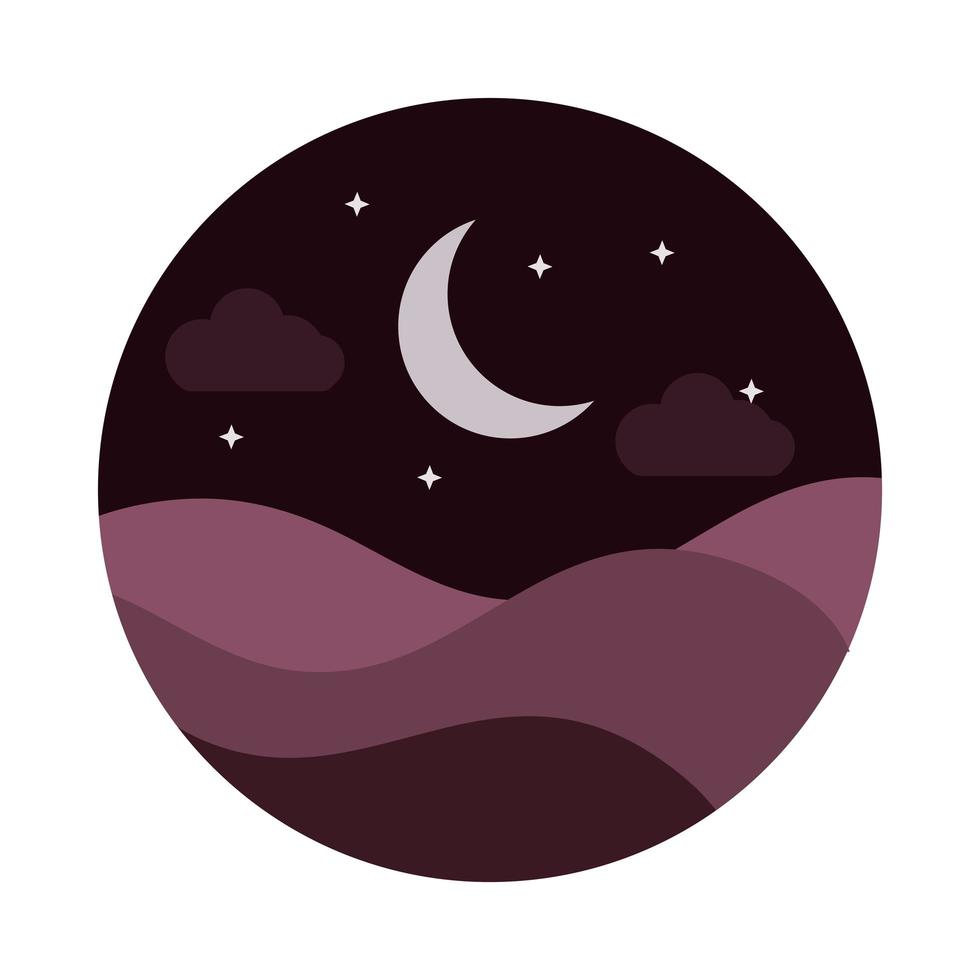 paisaje naturaleza colinas media luna estrellas noche icono de estilo plano vector