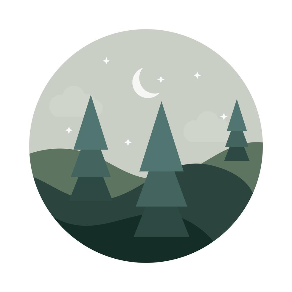 paisaje naturaleza árboles colinas media luna estrellas icono de estilo plano vector