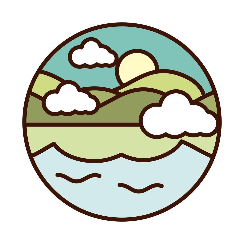 landscape nature lake sun and mountains line and fill icon vector