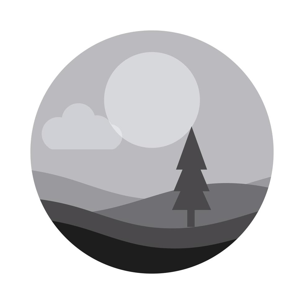 landscape nature pine tree forest hills night flat style icon vector