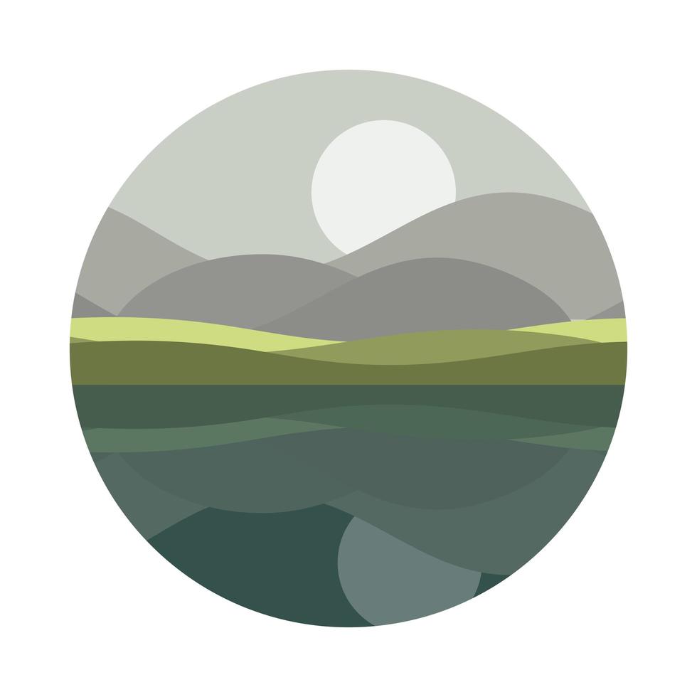 landscape nature field hills sun idyllic scenery flat style icon vector