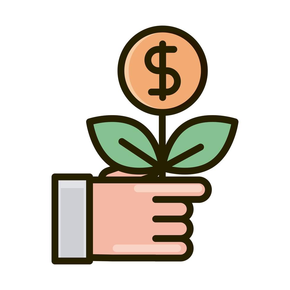 hand with plant money business financial investing line and fill icon vector