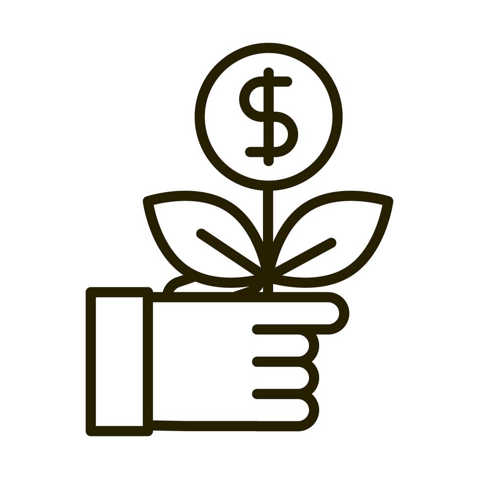 mano con icono de estilo de línea de inversión financiera de negocios de dinero de planta vector