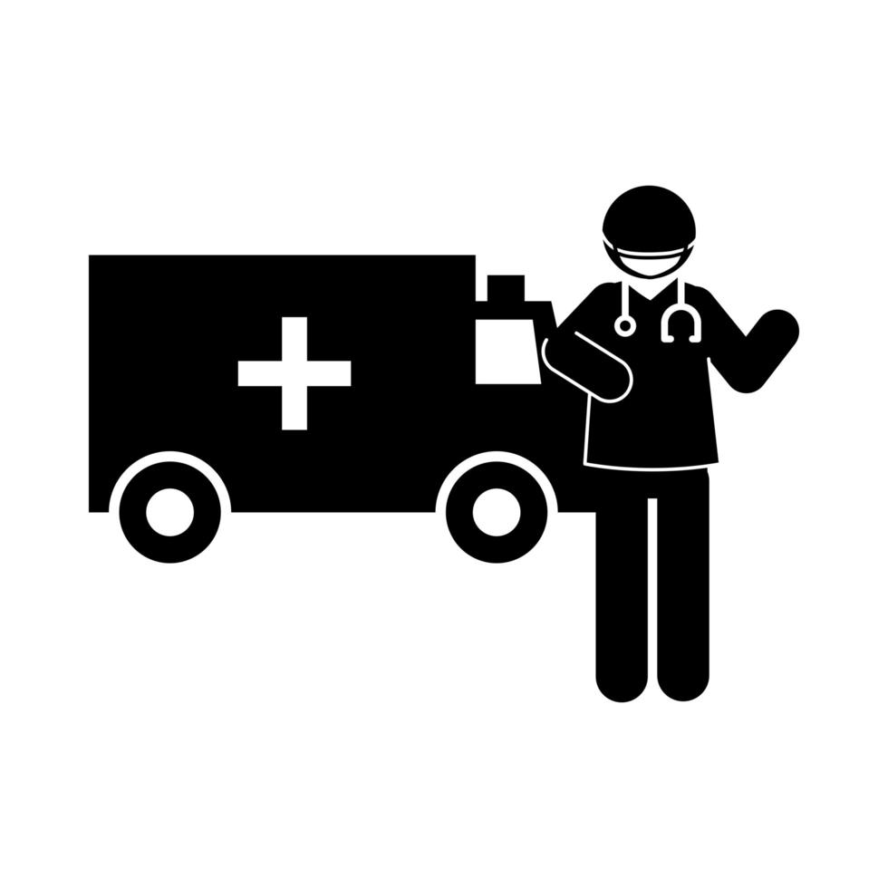 coronavirus covid 19 physician professional and ambulance transport health  silhouette style icon vector