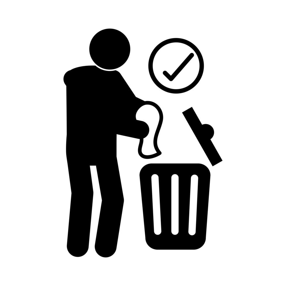 coronavirus covid 19 tissue paper into the trash prevent the spread health  silhouette style icon vector