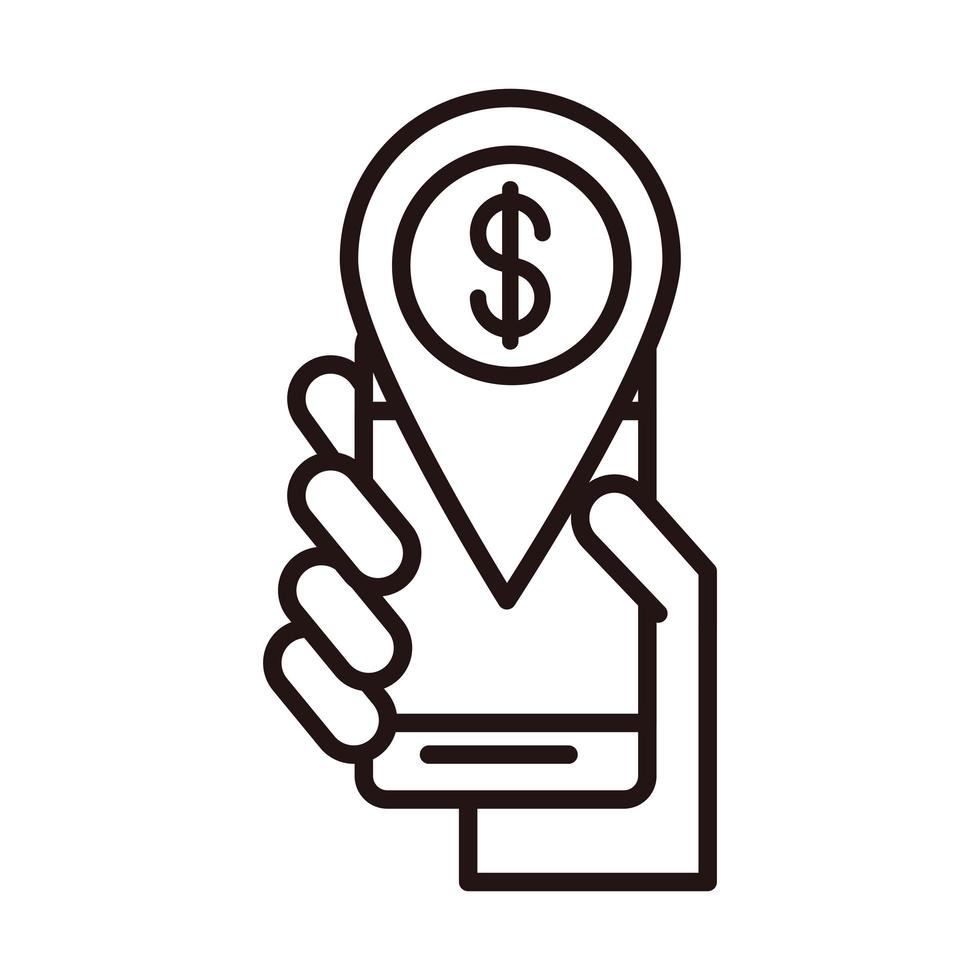 hand with smartphone location ppointer money shopping or payment mobile banking line style icon vector