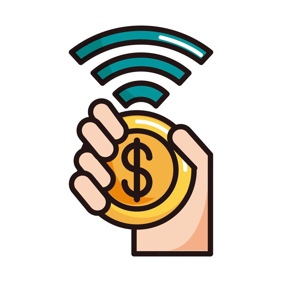 hand with coin money connection shopping or payment mobile banking line and fill icon vector